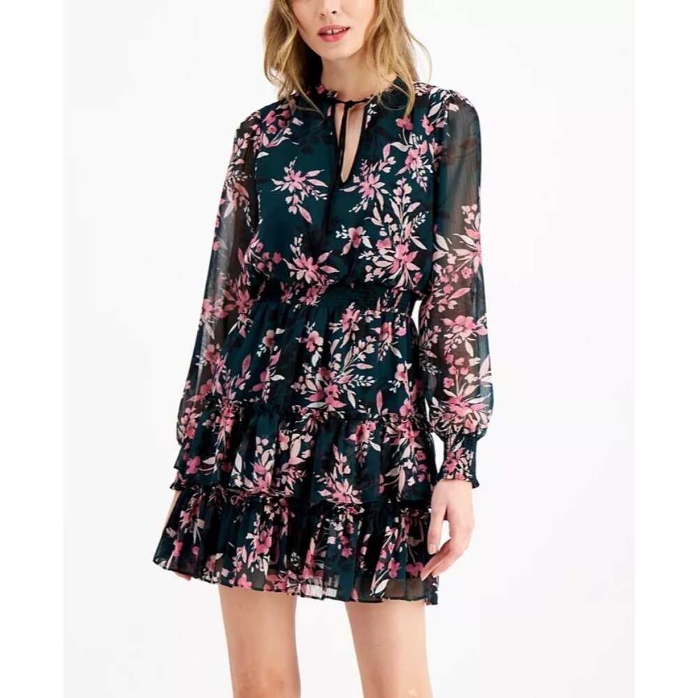 Bar III Floral Print Mini Tie Neck Dress Size XXL Long Sleeve Green Pink Cottage